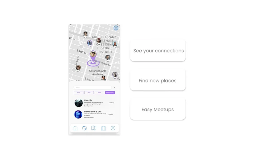 Explorius map screen with nearby nomads and close by places, beside three promises: see your connections, find new places, easy meetups