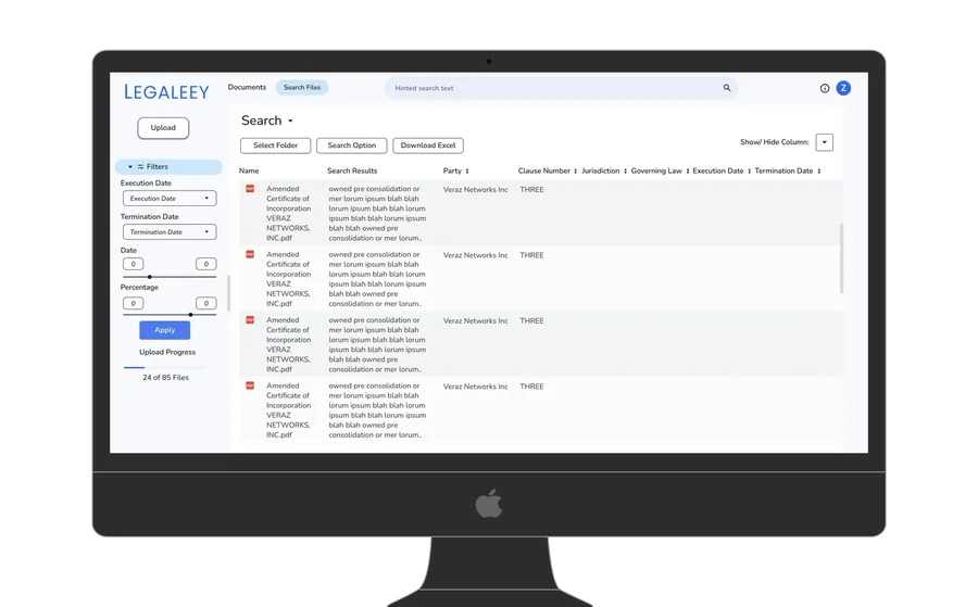Legaleey search results screen with the persistent filter panel, date and percentage sliders, and clause aware results in an eight column table