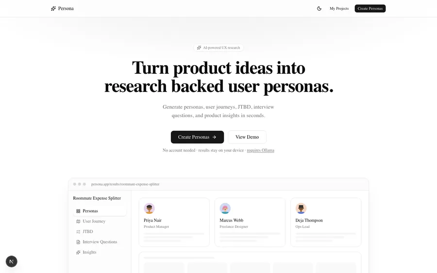 Persona landing page: turn product ideas into research backed user personas