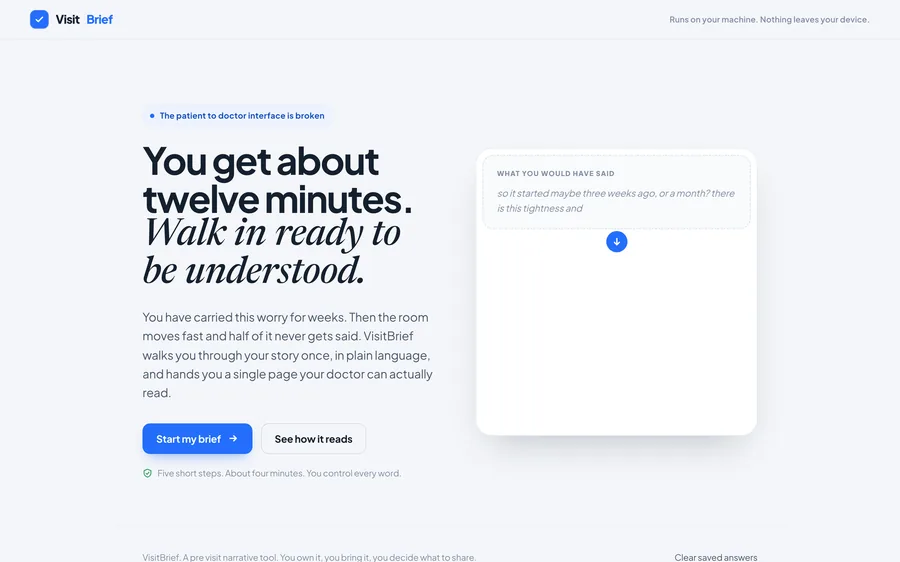 Visit Brief landing page reading you get about twelve minutes, walk in ready to be understood