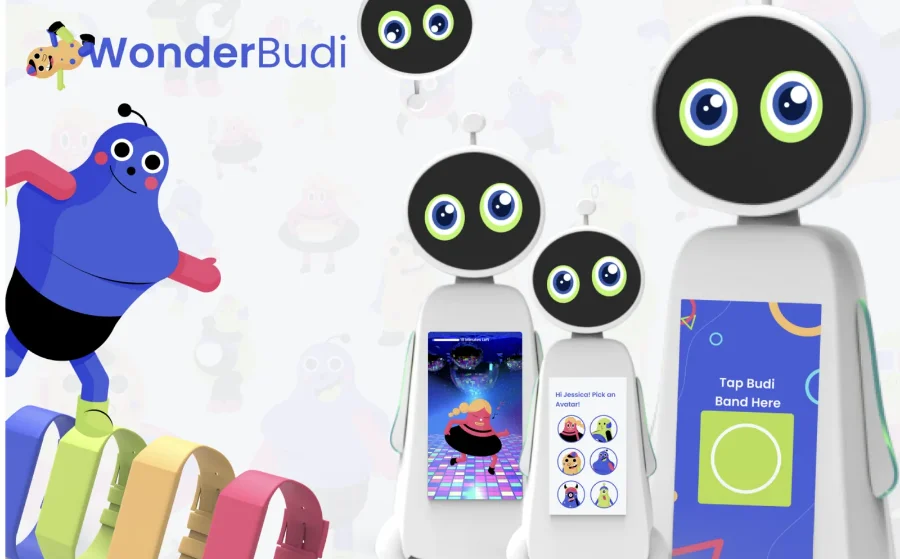 WonderBudi robots with embedded activity screens beside Budiband wristbands in four colors