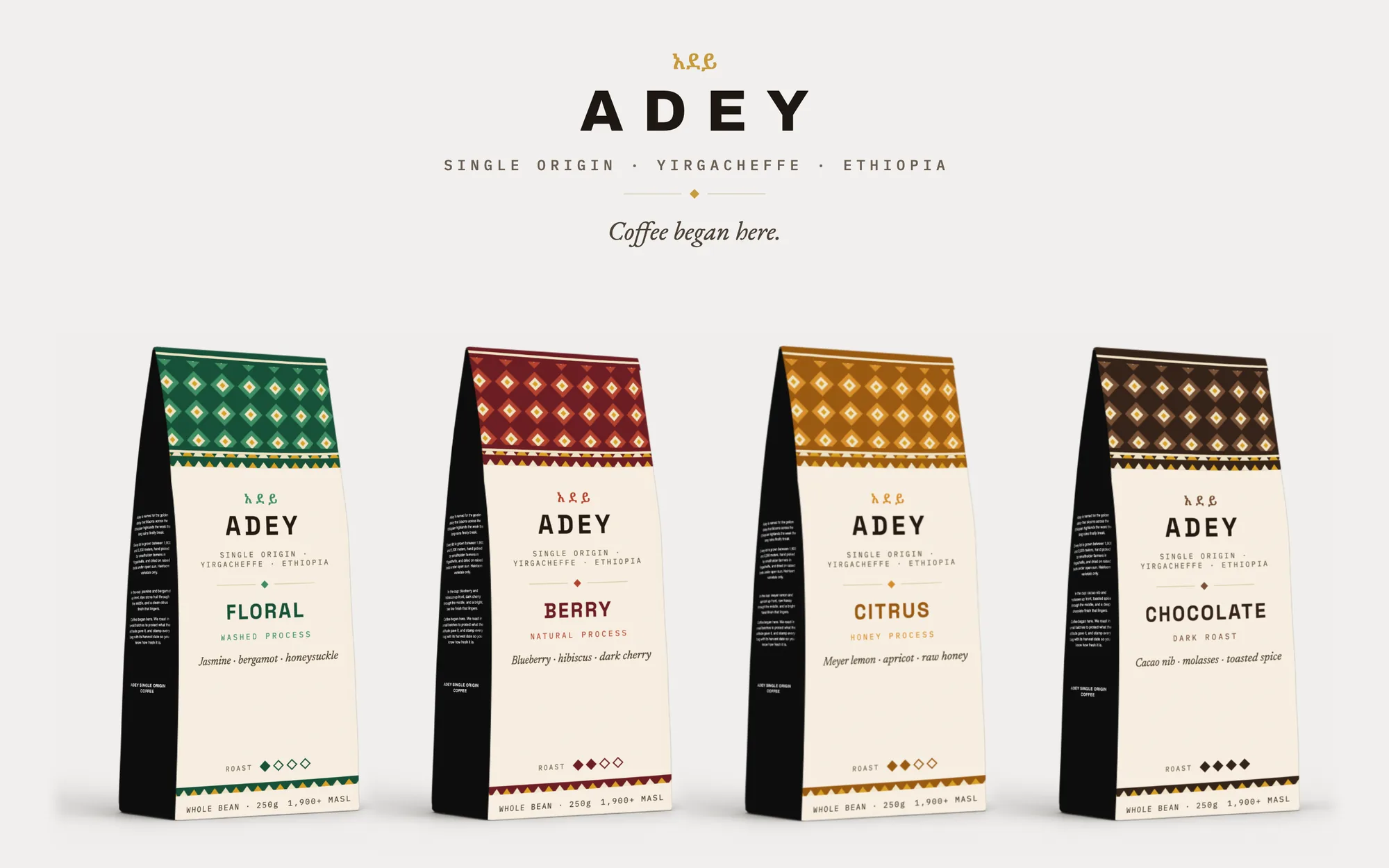 The Adey family lineup: four coffee bags with green, oxblood, amber, and brown woven pattern bands beneath the wordmark and the line coffee began here