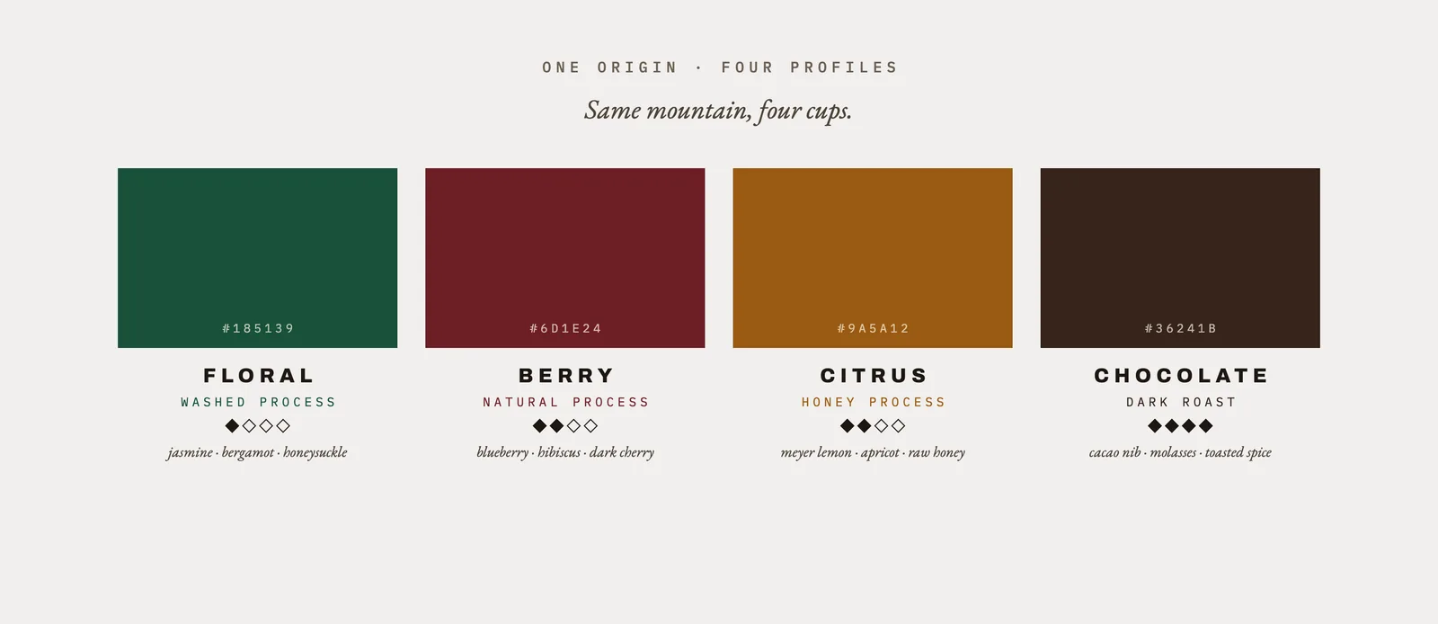 The flavor system board: four swatches in green, oxblood, amber, and brown with profile names, process labels, diamond roast scales, and tasting notes