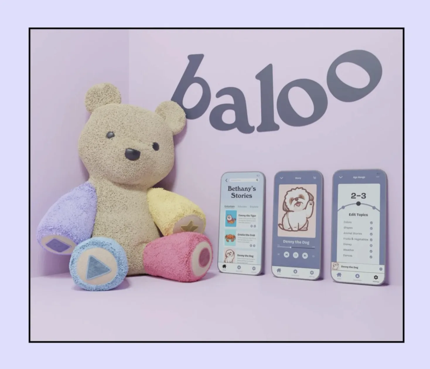 Baloo bear alongside parent app screens showing story library, settings, and age range controls