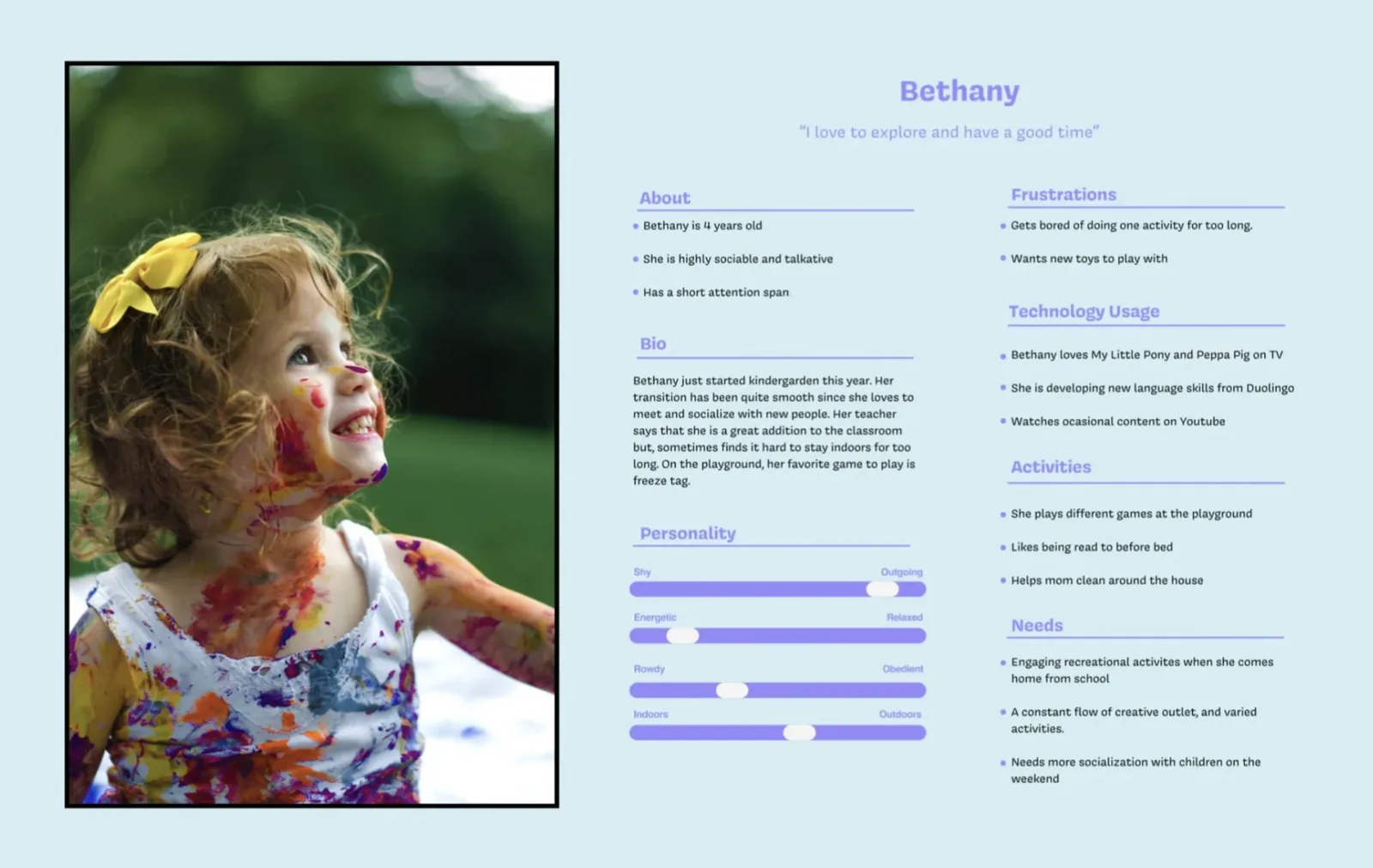 Bethany persona: 4 years old, highly sociable and talkative, has a short attention span. She is highly sociable. Loves My Little Pony and Peppa Pig on TV. She is developing new language skills from Duolingo. Watches occasional content on YouTube. Activities: she plays different games at the playground, likes being read to before bed, helps mom clean around the house. Needs: engaging recreational activities when she comes home from school, a constant flow of creative outlet and varied activities, more socialization with children on the weekend.