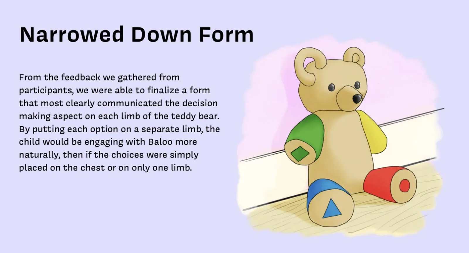 Narrowed Down Form: From the feedback we gathered from participants, we were able to finalize a form that most clearly communicated the decision making aspect on each limb of the teddy bear. By putting each option on a separate limb, the child would be engaging with Baloo more naturally, then if the choices were simply placed on the chest or on only one limb.