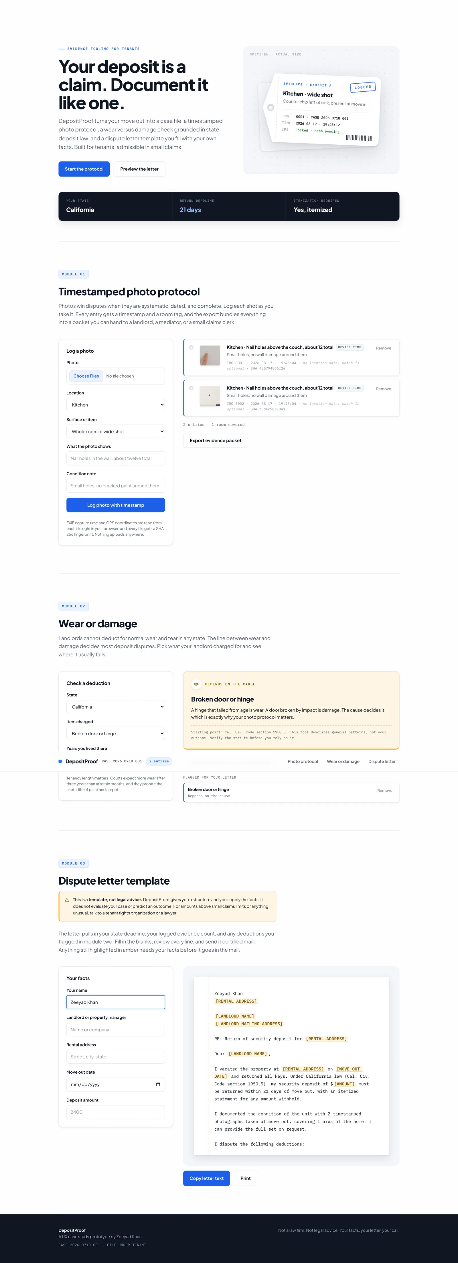 Full DepositProof page with the hero, the photo protocol holding two logged entries, the wear or damage checker, and the dispute letter