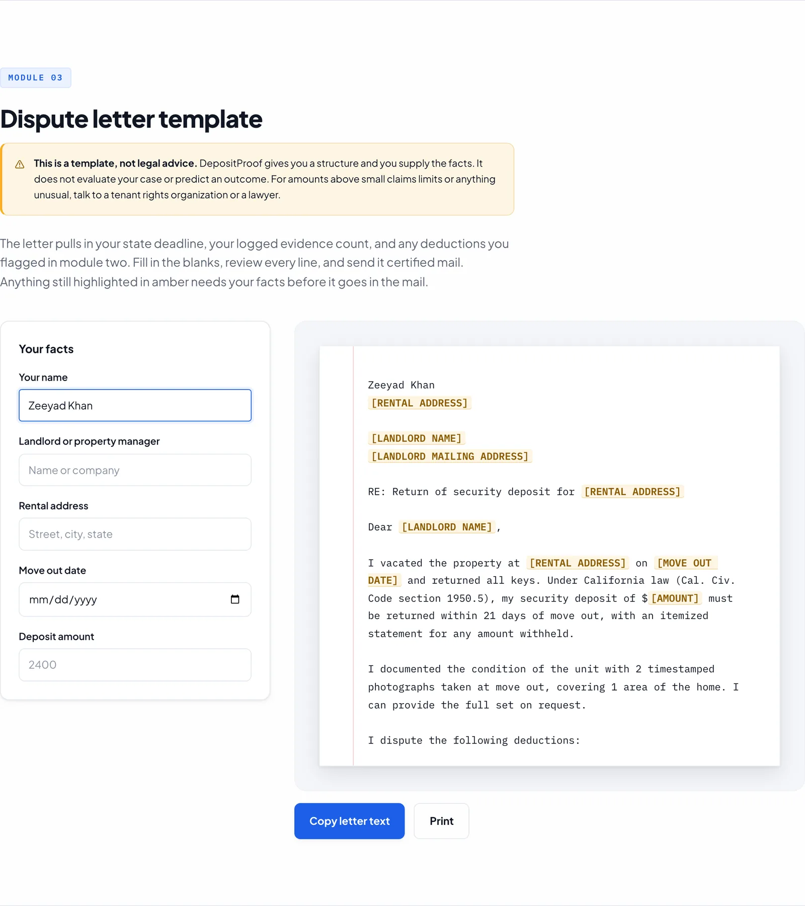 Dispute letter module with a facts form beside a letter preview where unfilled placeholders are highlighted in amber