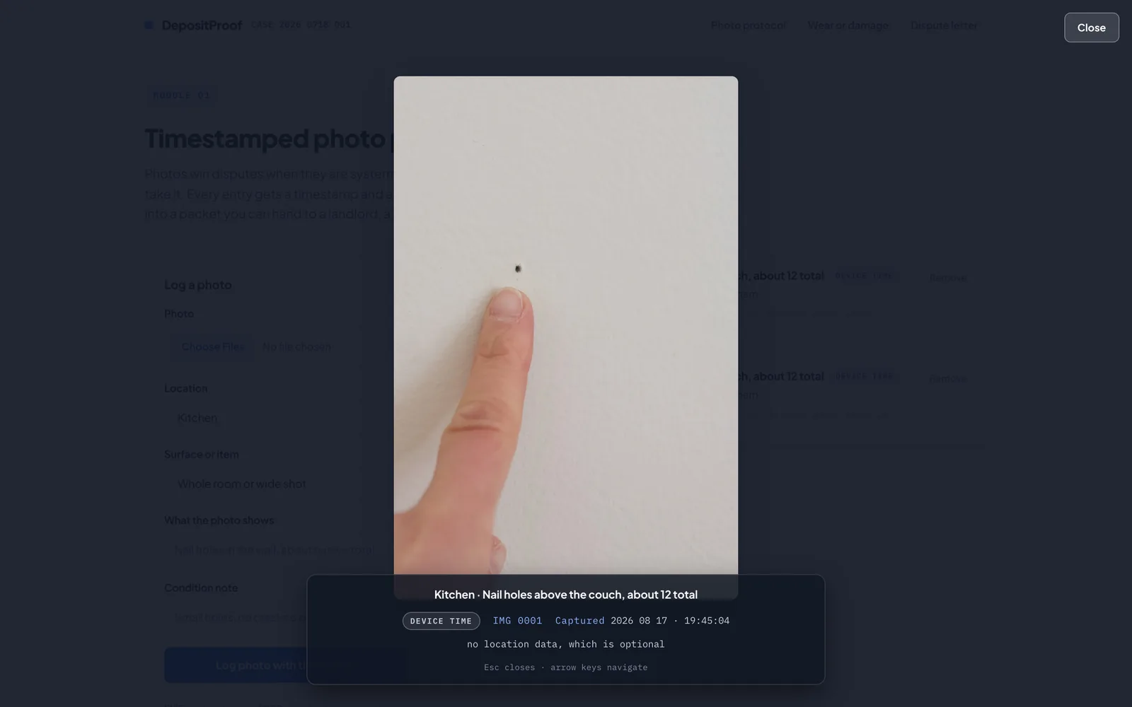 Lightbox view of a logged evidence photo with its caption and metadata over a dimmed page