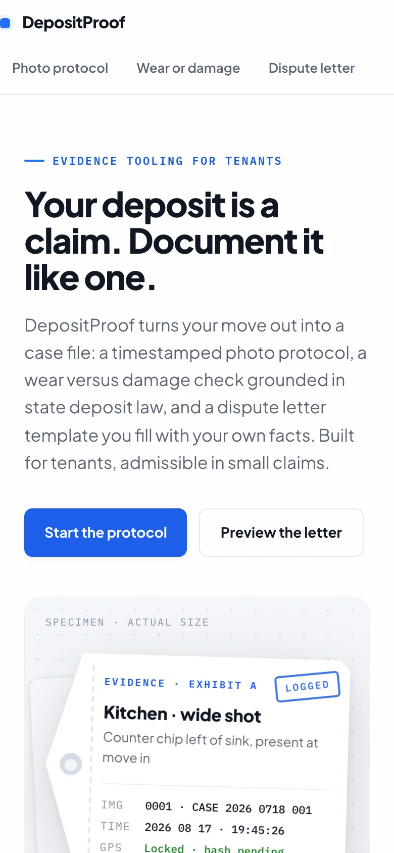 DepositProof hero on a phone screen with the evidence tag specimen below the headline