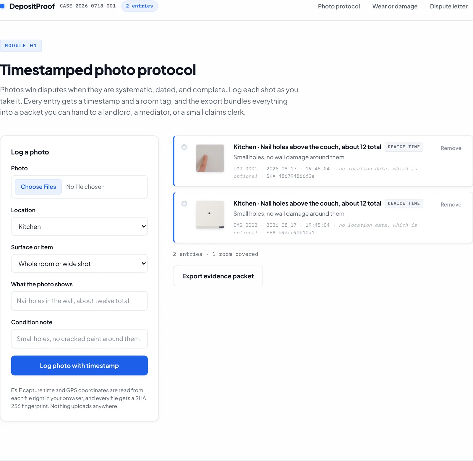 Photo protocol module with two logged evidence entries showing thumbnails, timestamps, SHA fingerprints, and device time badges