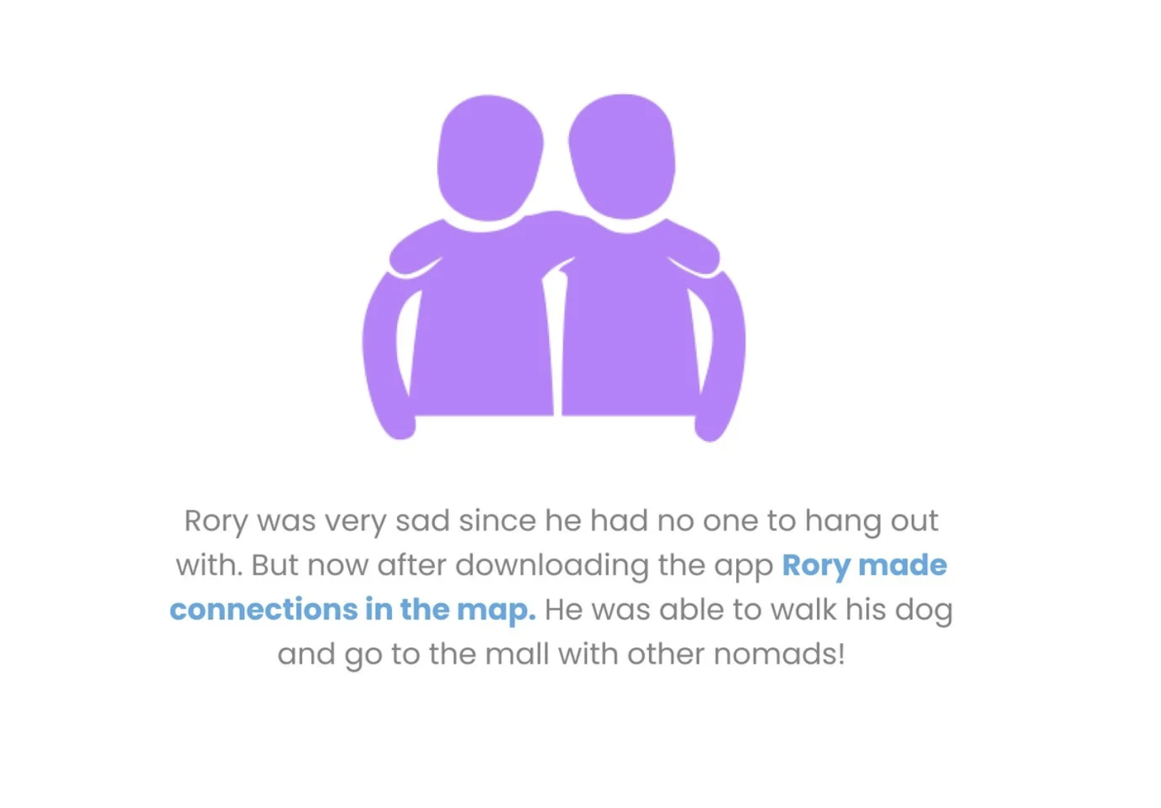 Rory was very sad since he had no one to hang out with. But now after downloading the app Rory made connections in the map. He was able to walk his dog and go to the mall with other nomads.