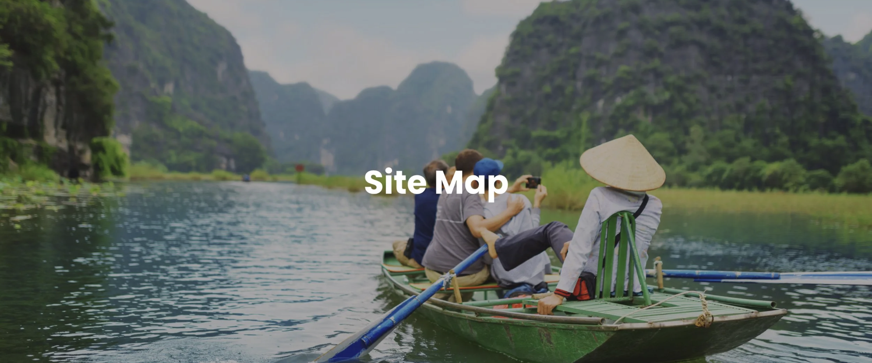Site Map section title over travelers on a boat through a dramatic karst landscape in Vietnam