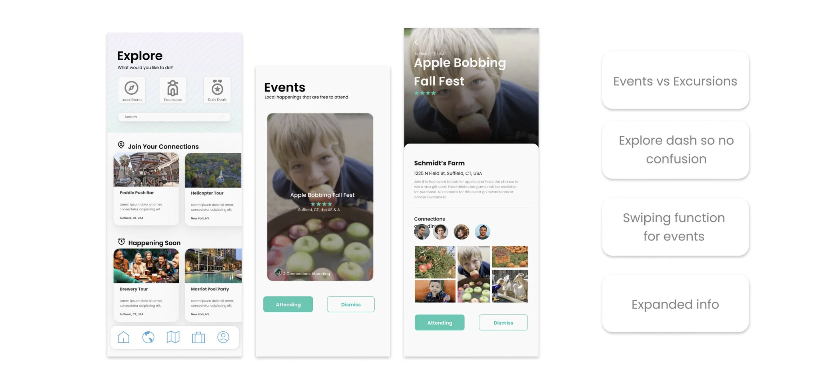 Updated Explore screens showing separated Events and Excursions, explore dashboard to remove confusion, swiping function for events, and expanded info cards
