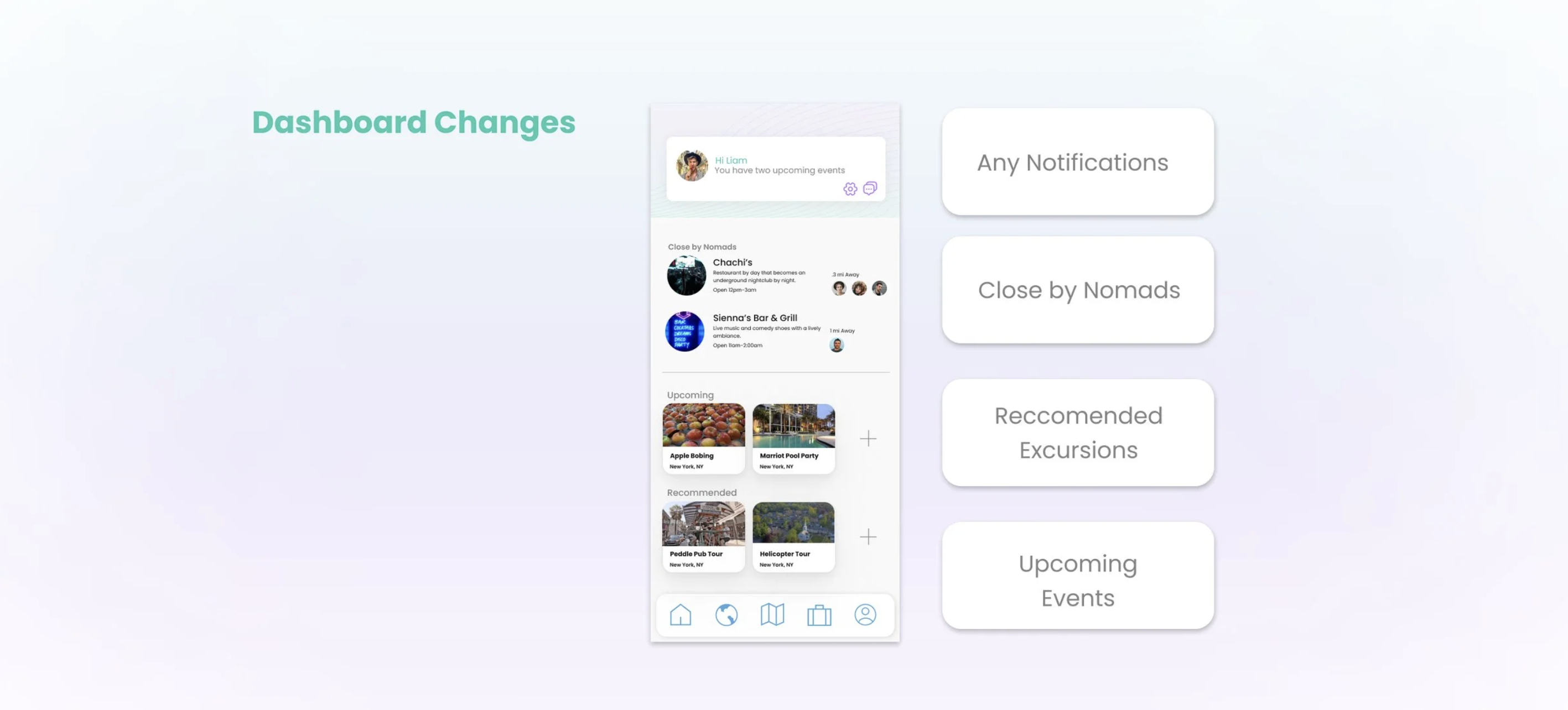 Dashboard Changes: updated screen showing notifications, close by nomads, recommended excursions, and upcoming events as the four core modules