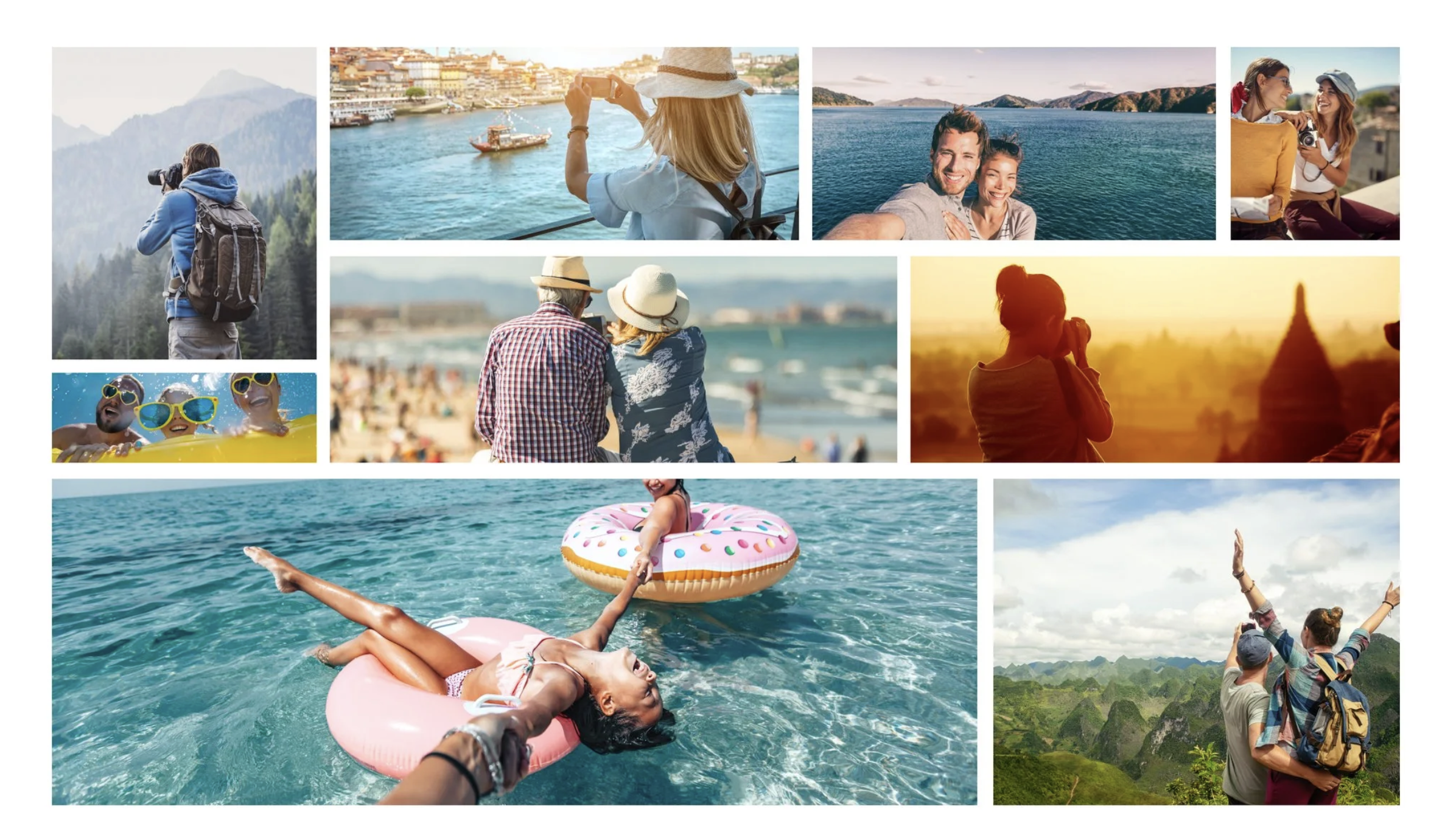 Travel photo collage showing diverse groups of people enjoying experiences together: hiking, poolside, beach, landmarks, sunset silhouettes