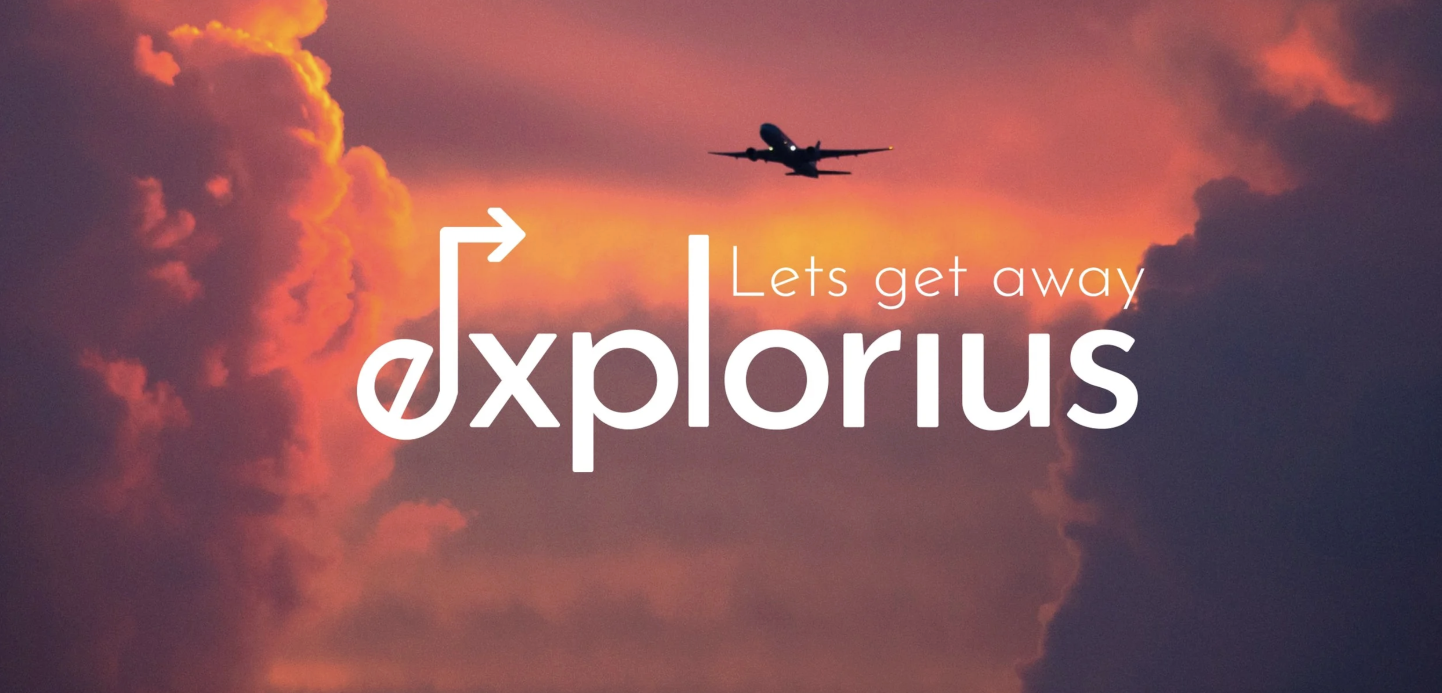Explorius brand mark over a volcanic crater lake with the tagline: Let's get away