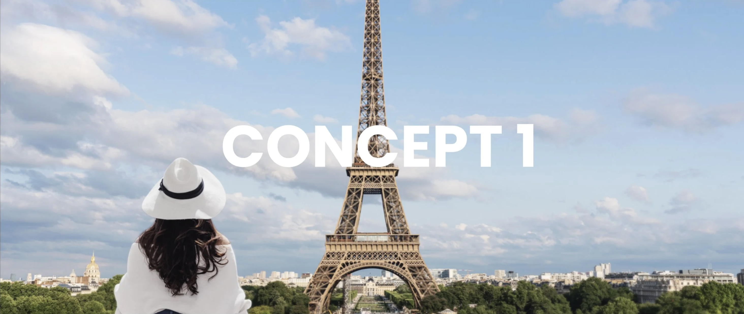 Concept 1 section title over a woman sitting near the Eiffel Tower