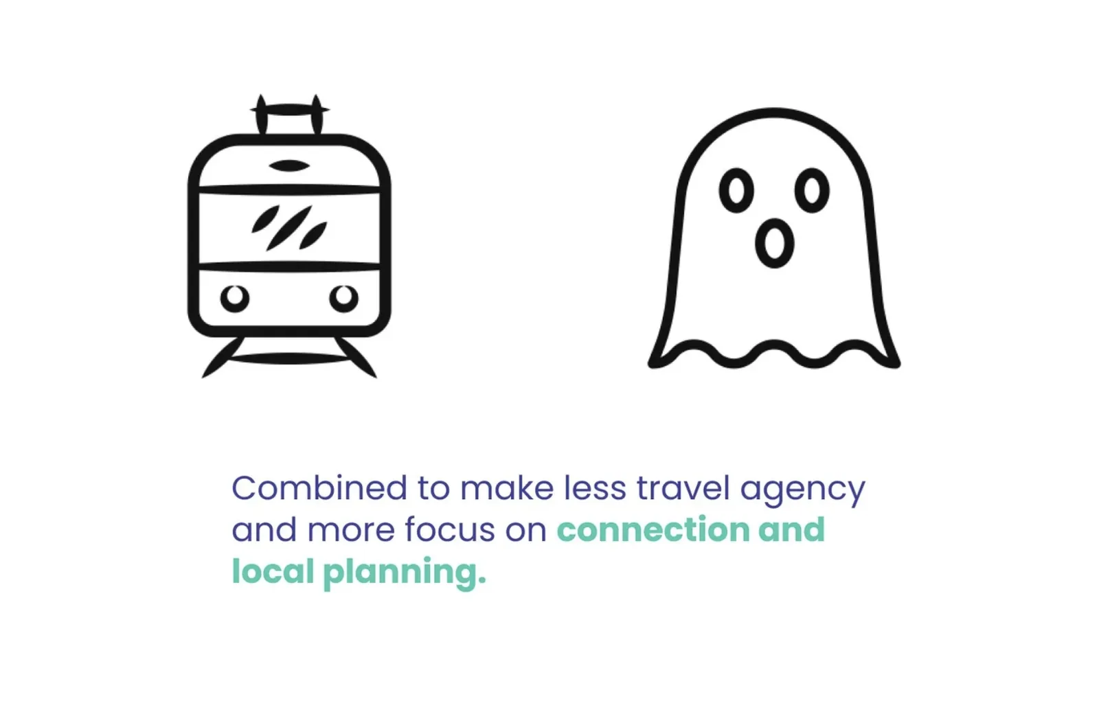 Combined concepts visual: train icon and ghost icon, with the note: Combined to make less travel agency and more focus on connection and local planning