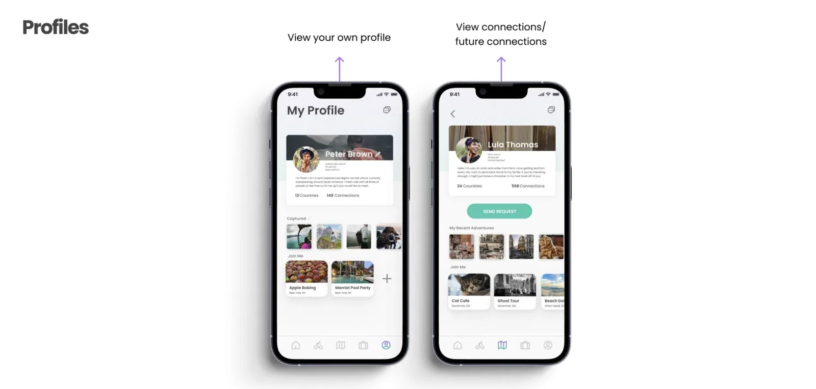 Profile screens: your own profile with trips and photos, and a connection's profile with a send request button