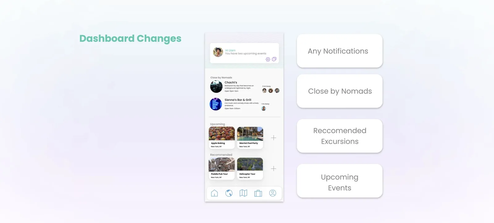 Dashboard Changes: updated screen showing notifications, close by nomads, recommended excursions, and upcoming events as the four core modules