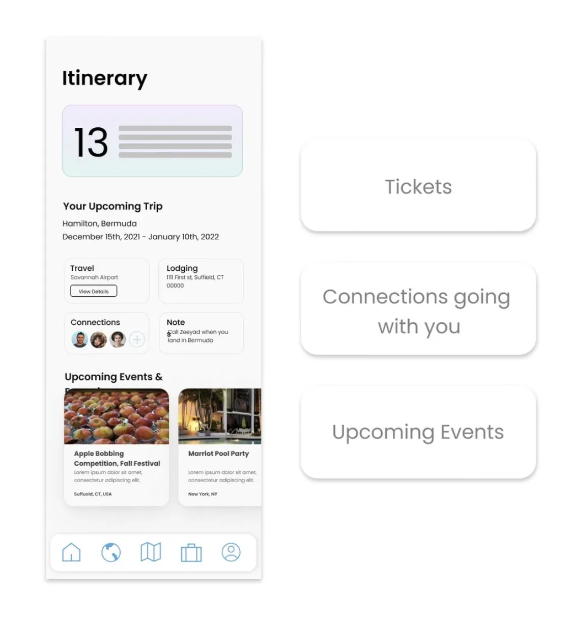 Itinerary screen with the upcoming trip, travel and lodging details, connections going, and upcoming events in one place