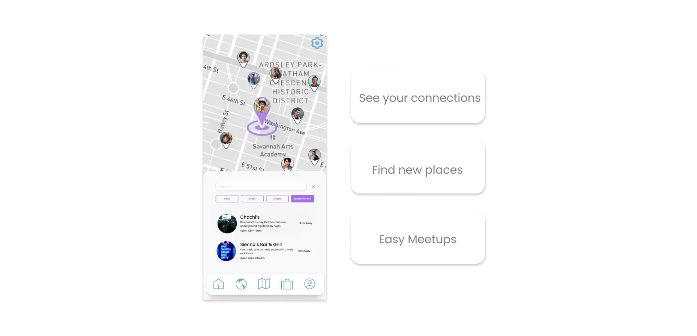 Explorius map screen with nearby nomads pinned and a searchable list of close by places, beside three promises: see your connections, find new places, easy meetups
