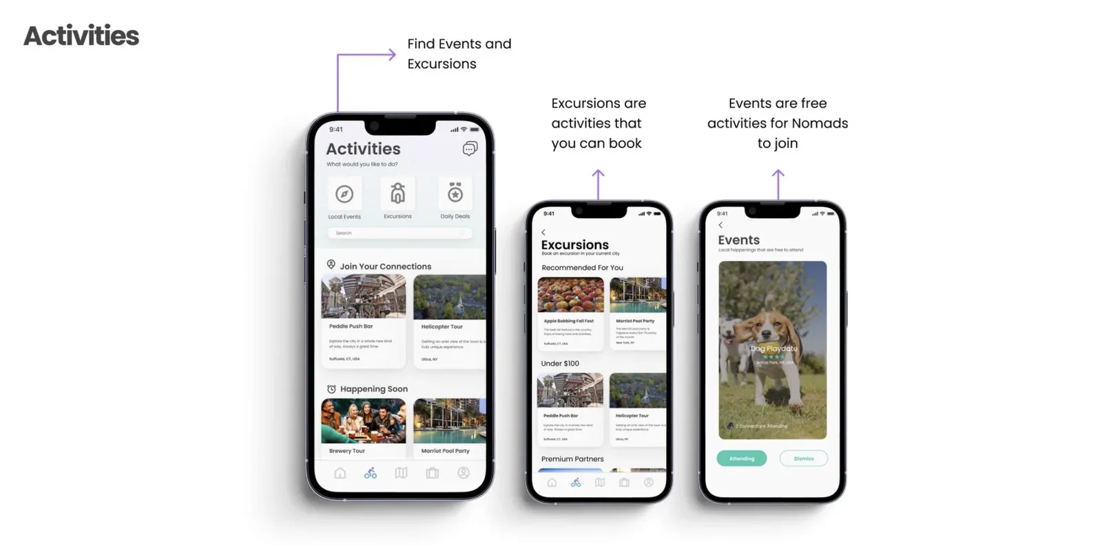 Activities screens showing Events and Excursions as separate tabs: excursions are bookable, events are free for nomads to join