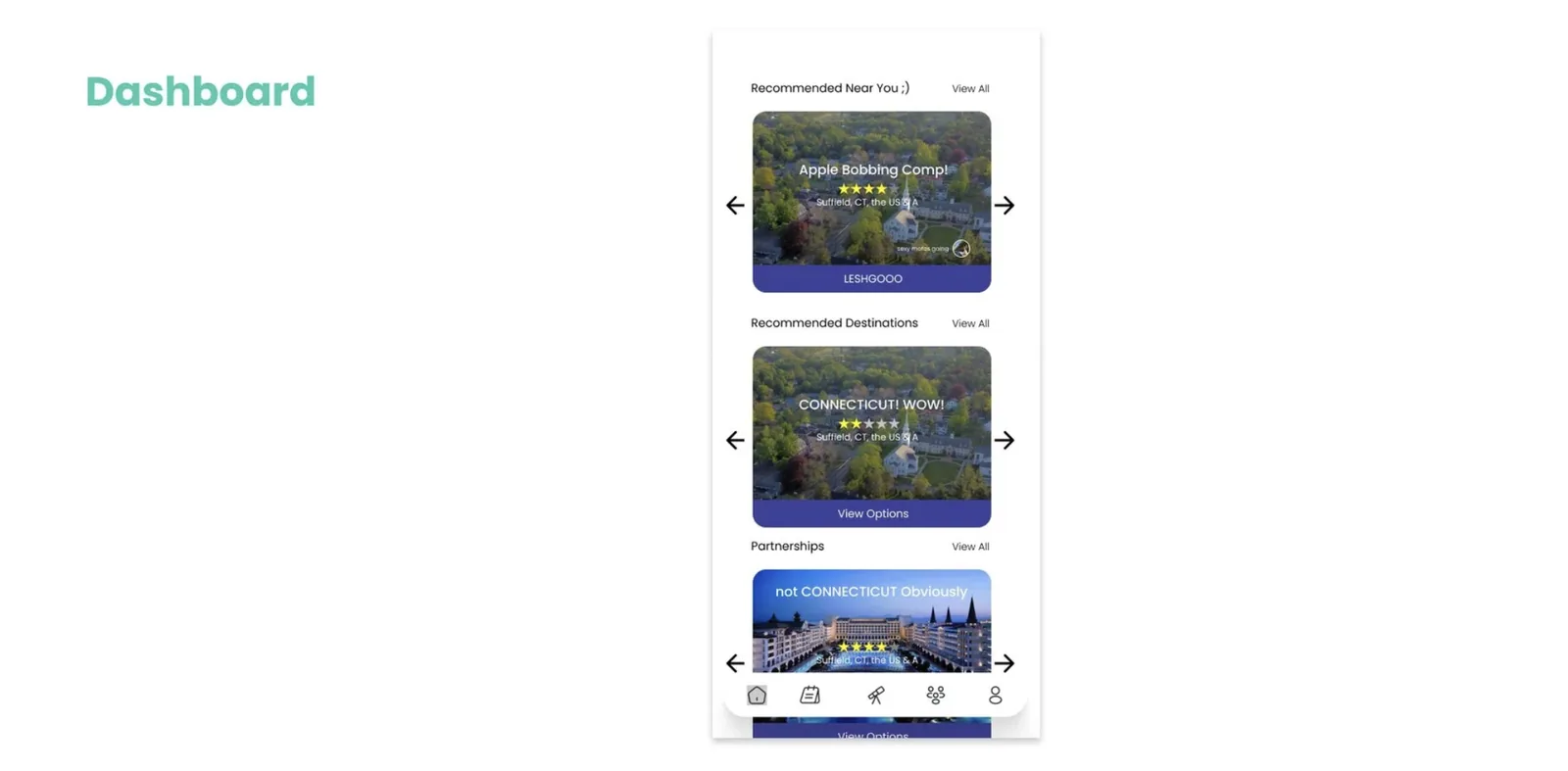 Lo-fi Dashboard screen showing Recommended Near You, Recommended Destinations, and Partnerships carousels