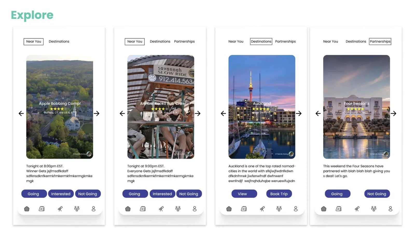 Lo-fi Explore screens: Near You, Destinations, and Partnerships tabs showing event cards with images, ratings, and Going/Interested/Not Going actions