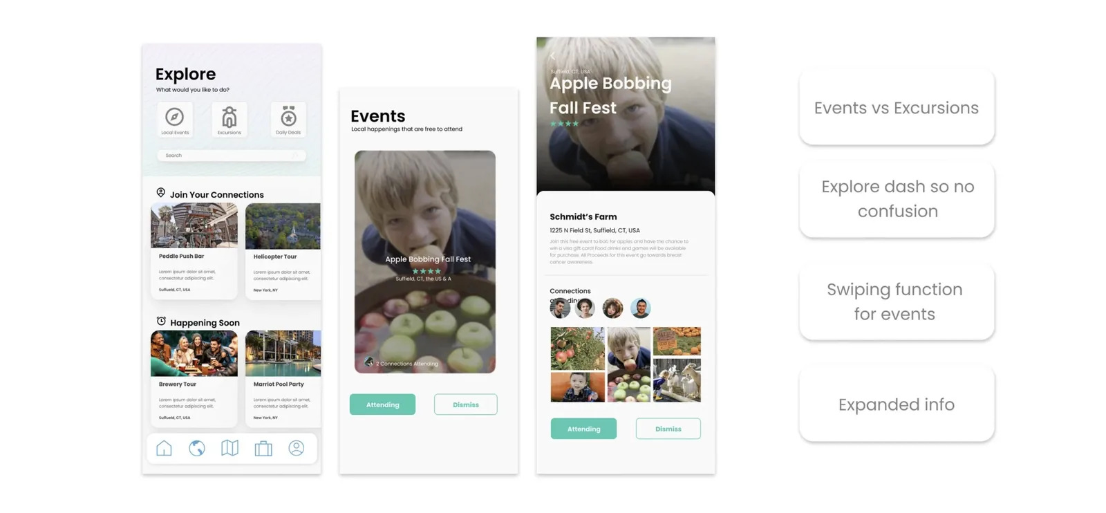 Updated Explore screens showing separated Events and Excursions, explore dashboard to remove confusion, swiping function for events, and expanded info cards