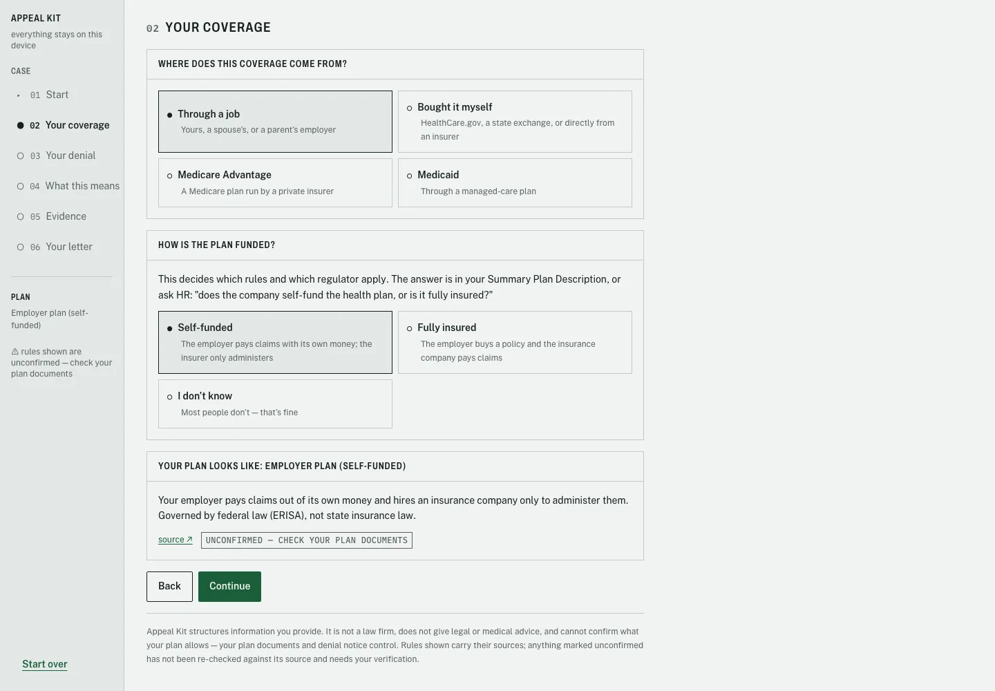 Coverage step with plan source options, a funding question, and a resolved plan type card explaining that ERISA governs self funded employer plans