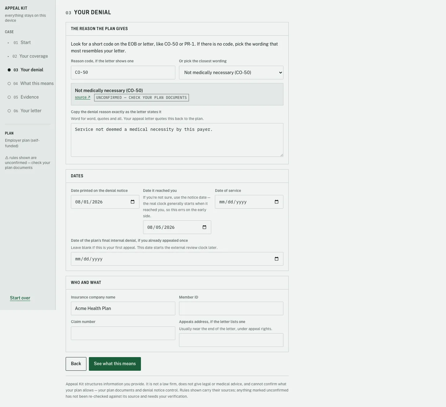 Denial step with a reason code field holding the code for not medically necessary, a verbatim denial reason textarea, and date fields with guidance on which date starts the clock
