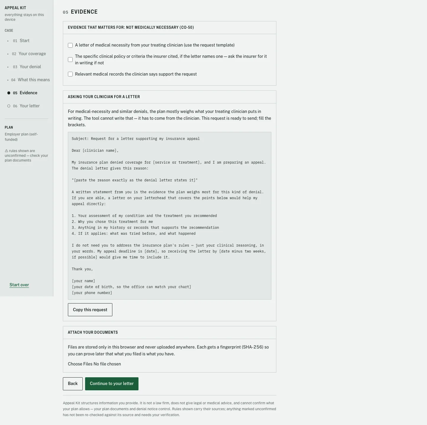 Evidence step with a checklist for the denial category, a prewritten clinician letter request, and local file attachment with SHA 256 fingerprints