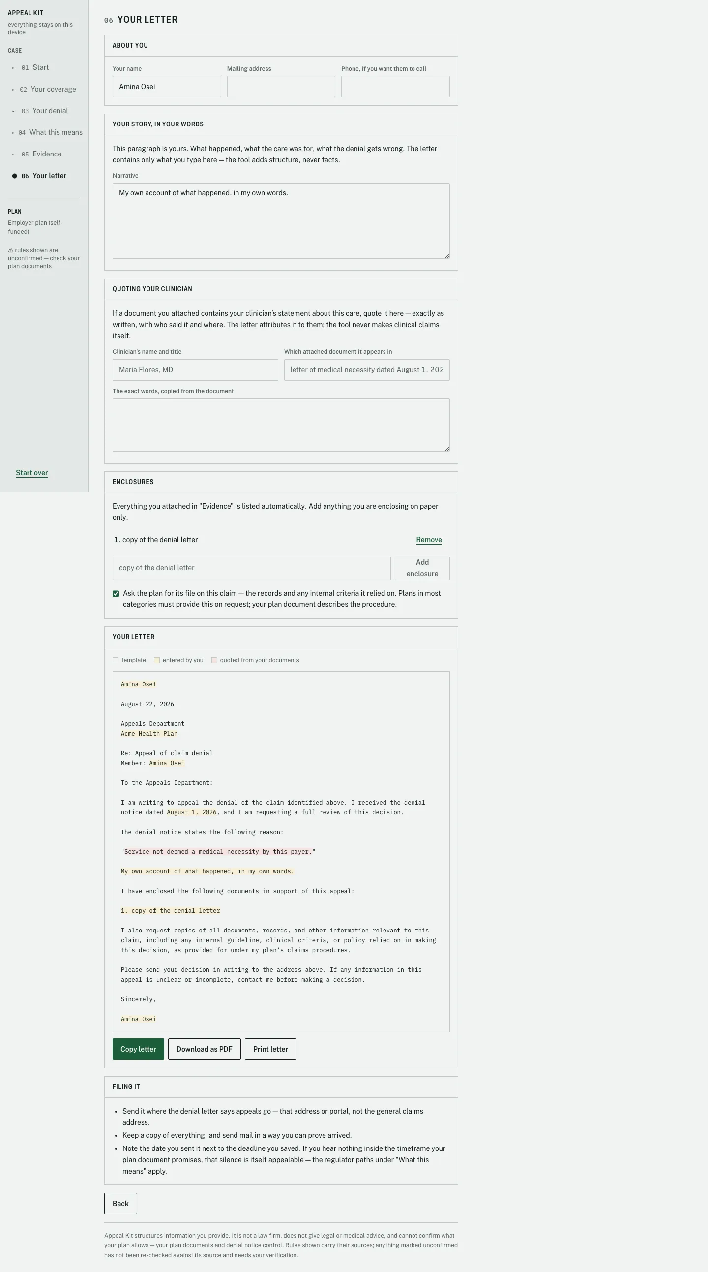Letter step showing the facts form and the assembled appeal letter with provenance tints marking template text, user entered text, and quoted text