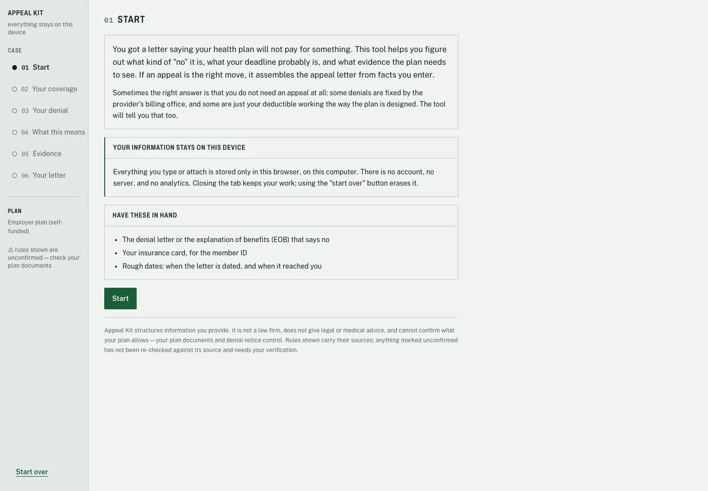 Start step stating that everything stays on this device and listing the documents to have in hand