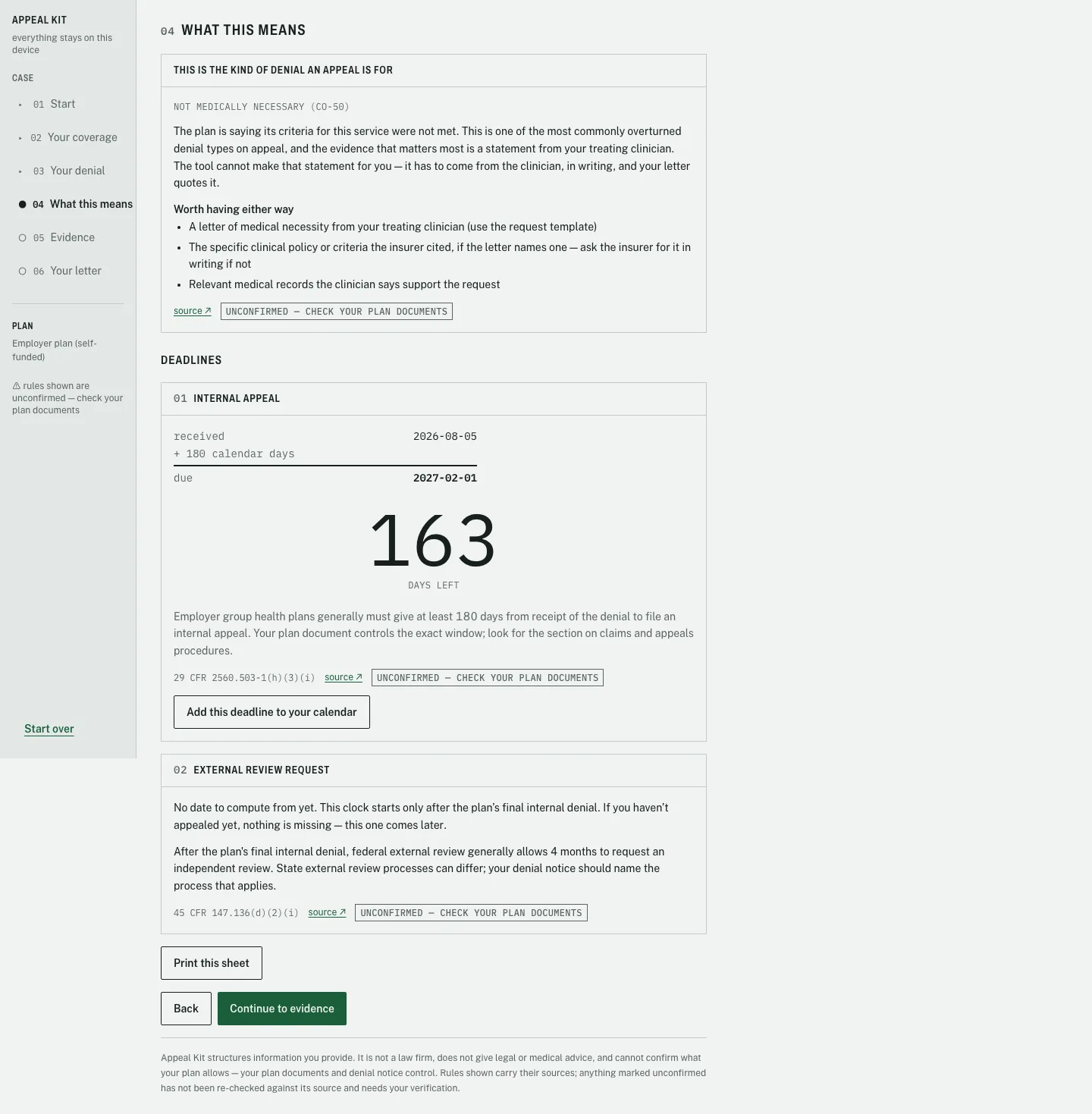 Appeal Kit triage screen showing a worked deadline derivation, a large 163 days left counter, a federal citation with source link, and an unconfirmed badge