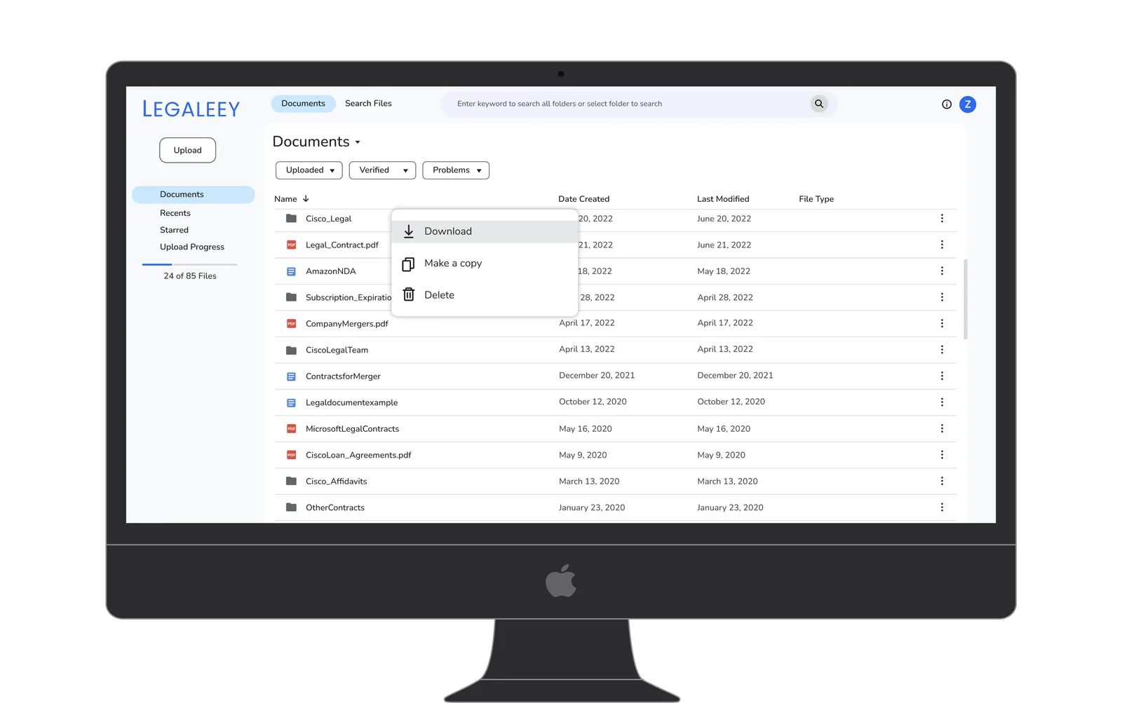 Document management table view with file actions menu