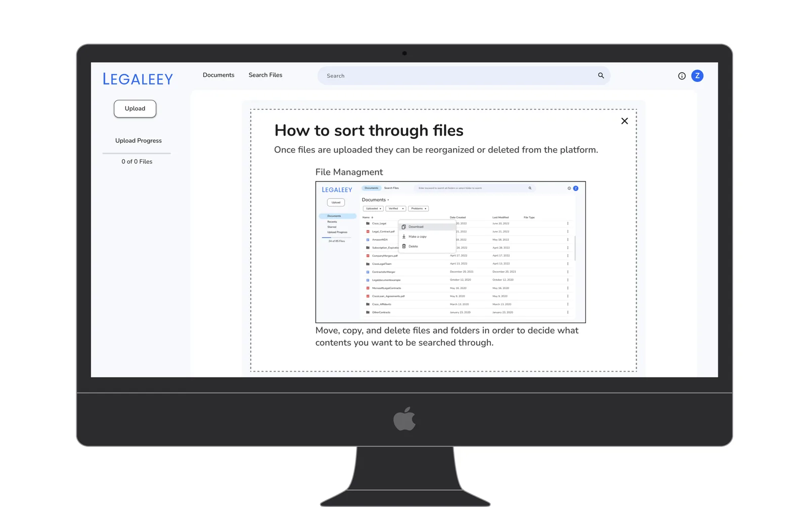 File sorting tutorial showing the Download, Make a copy, and Delete actions
