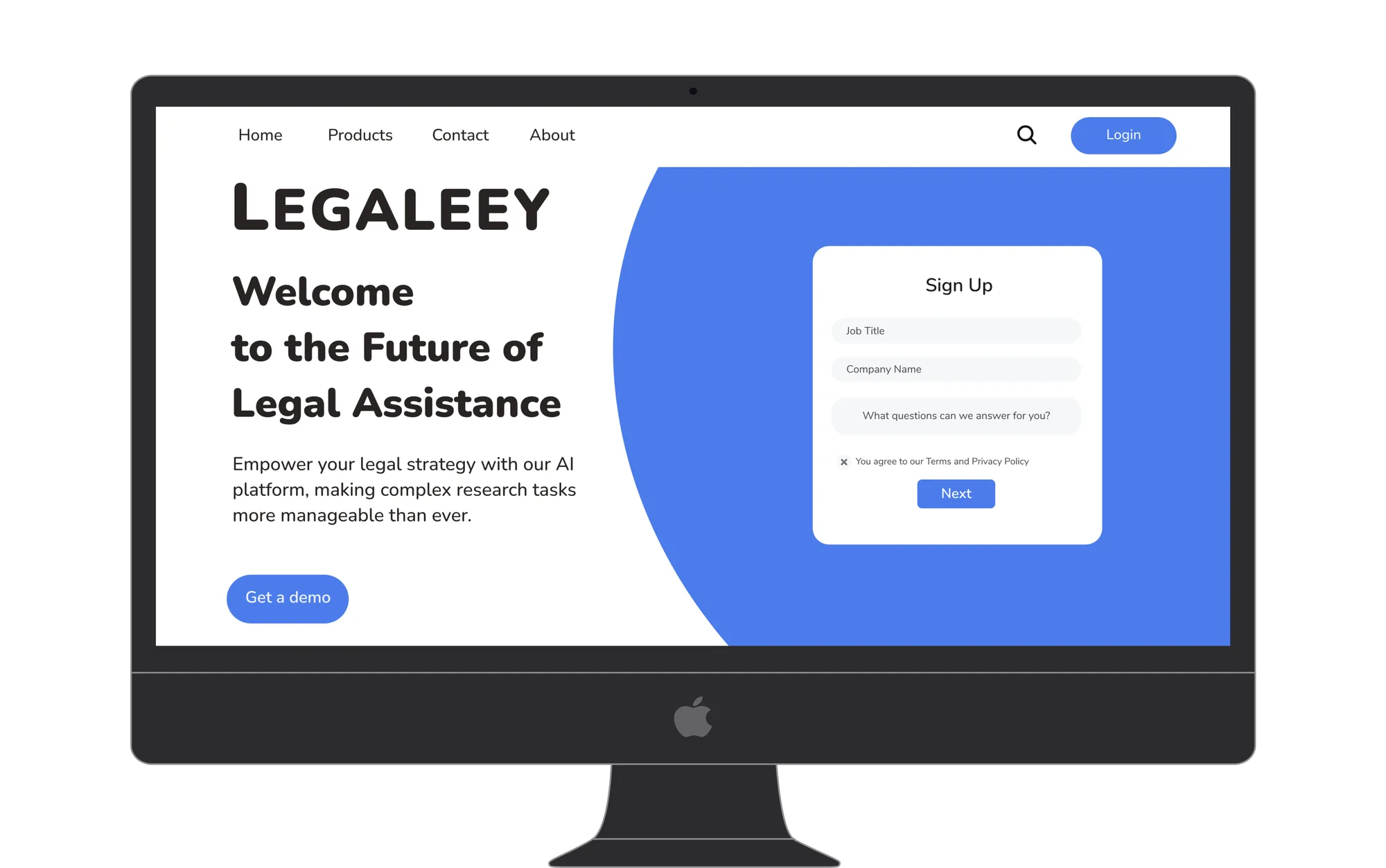 Legaleey marketing homepage with sign up form and demo call to action