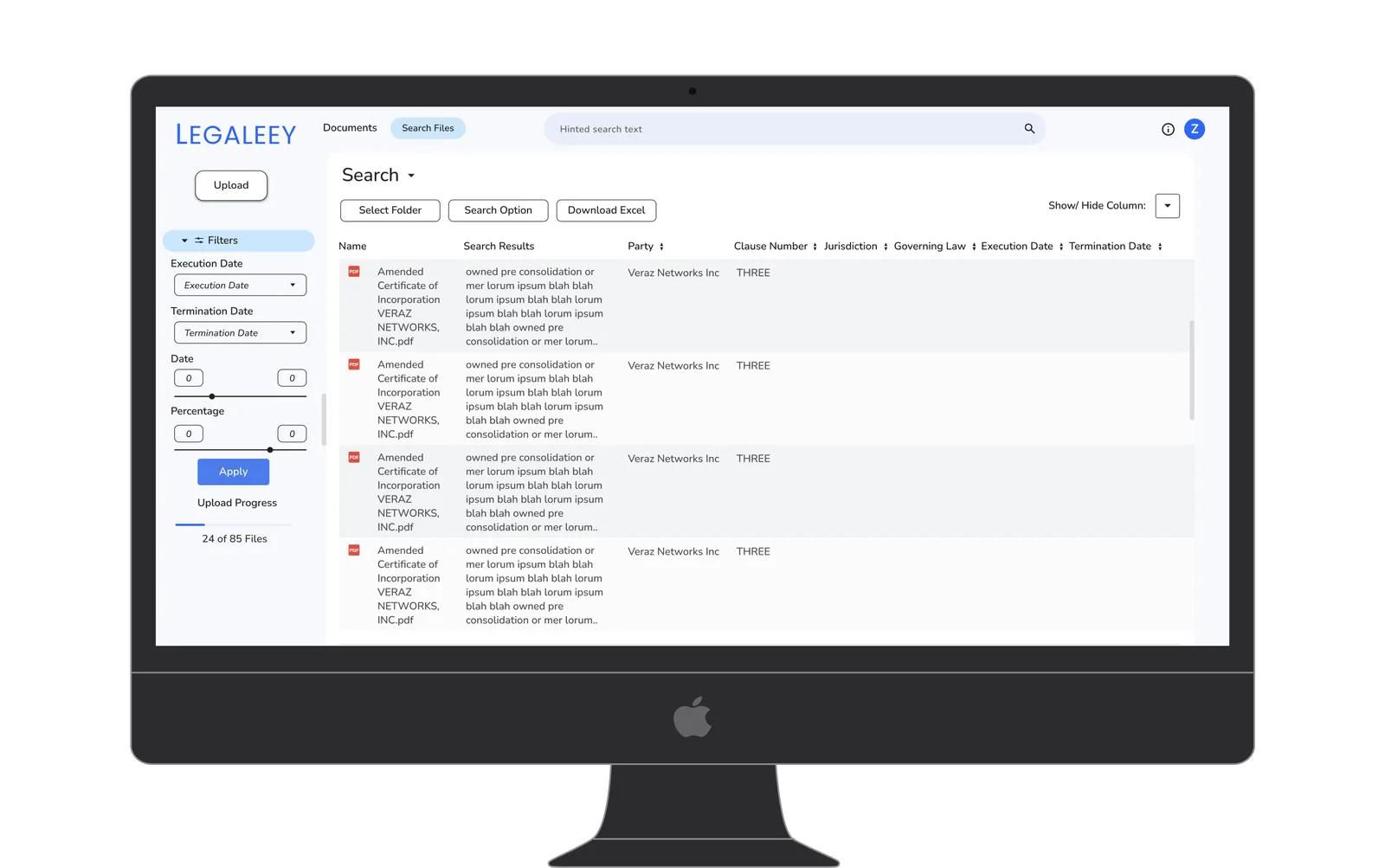 Legaleey search results screen with the persistent filter panel, date and percentage sliders, and clause aware results in an eight column table