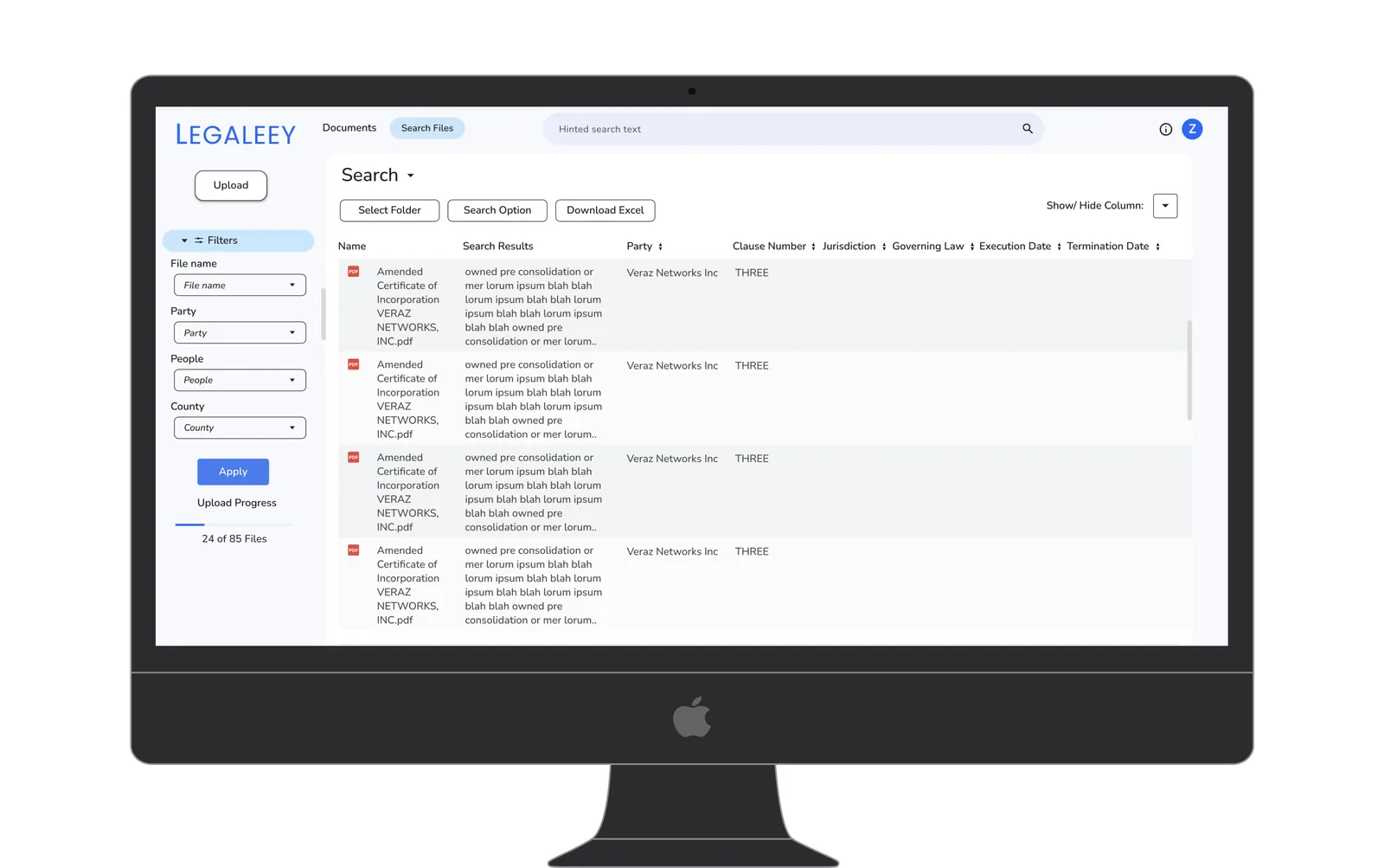 Search results with the persistent filter panel for party, people, and county