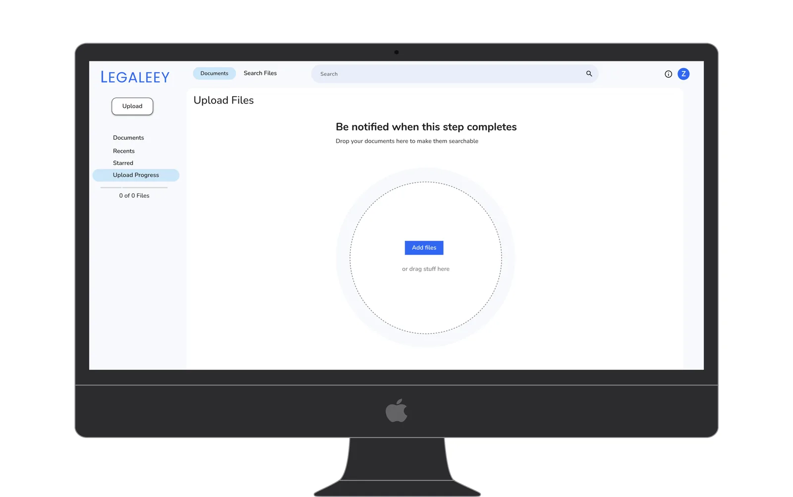 Upload screen with circular drag and drop zone and Add files button