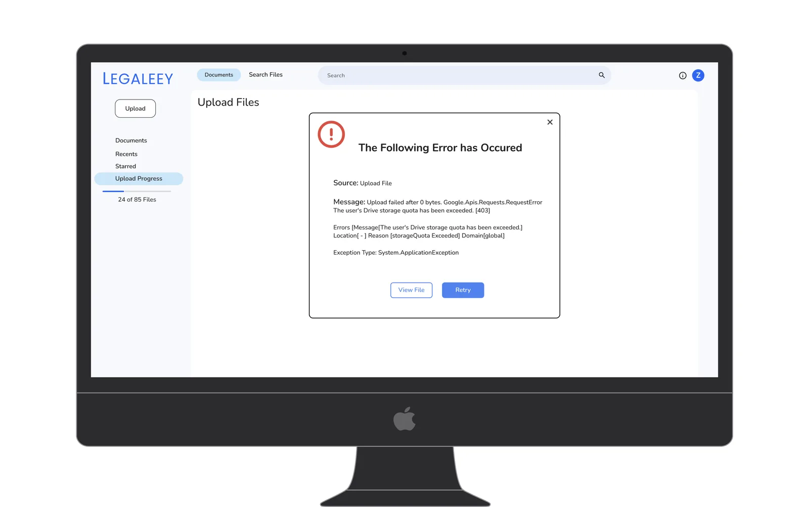 Upload error modal with specific cause and View File and Retry recovery actions