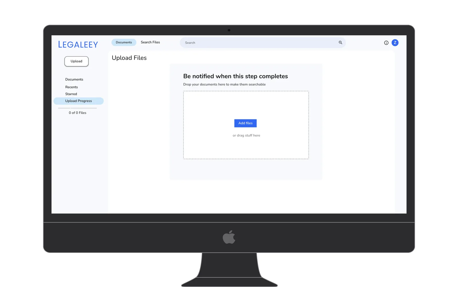 Upload screen with the first iteration rectangular drop zone