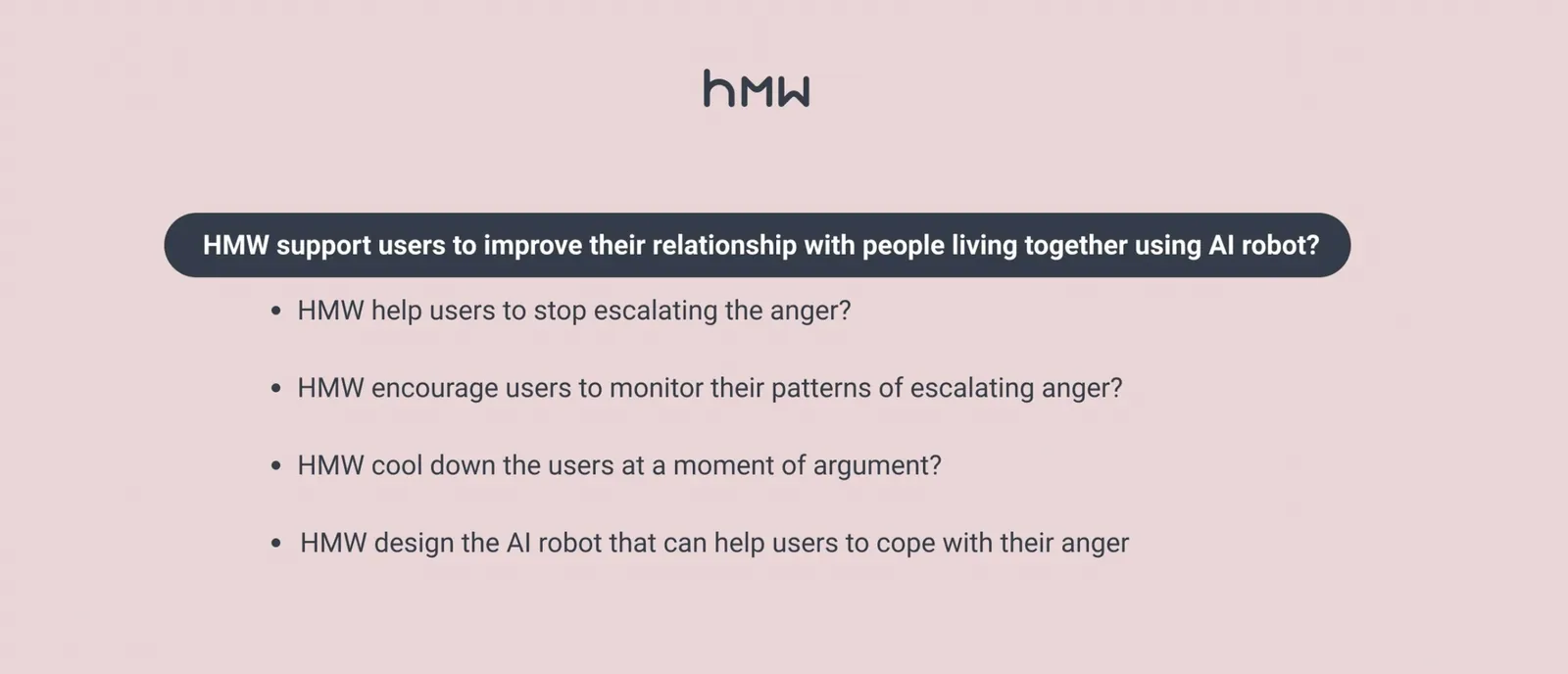 HMW breakdown: support users to improve their relationship with people living together using an AI robot — sub-questions covering stopping escalation, monitoring anger patterns, cooling down in the moment, and designing coping methods