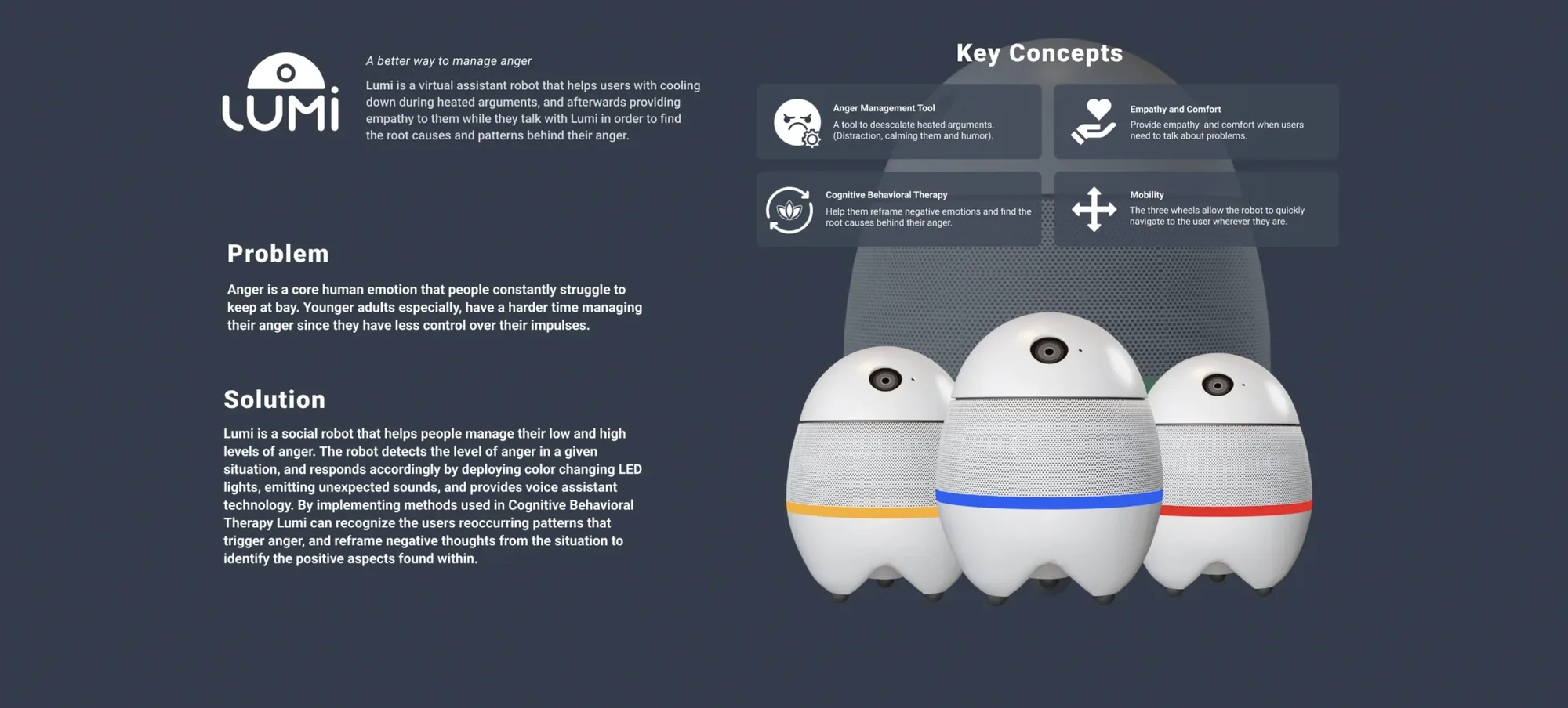 Lumi robot, three views showing green default state, blue LED band while listening, and yellow/red LED band during anger detection