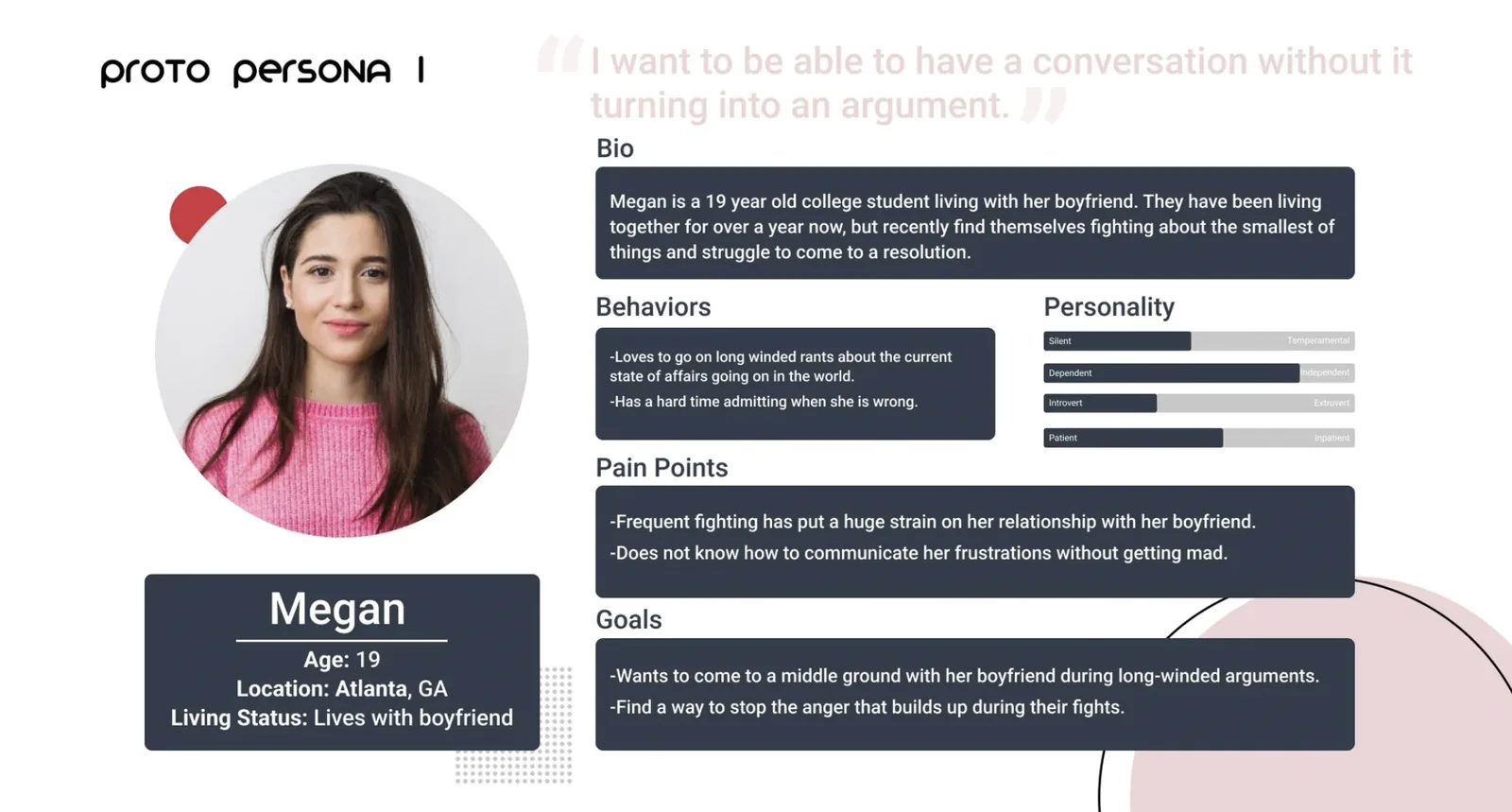 Proto Persona 1 — Megan, 19, Atlanta GA. Behaviors: long-winded rants, hard time admitting fault. Pain points: frequent fighting strains relationship, can't communicate frustration without getting emotional. Goals: find middle ground during arguments, stop the building anger.