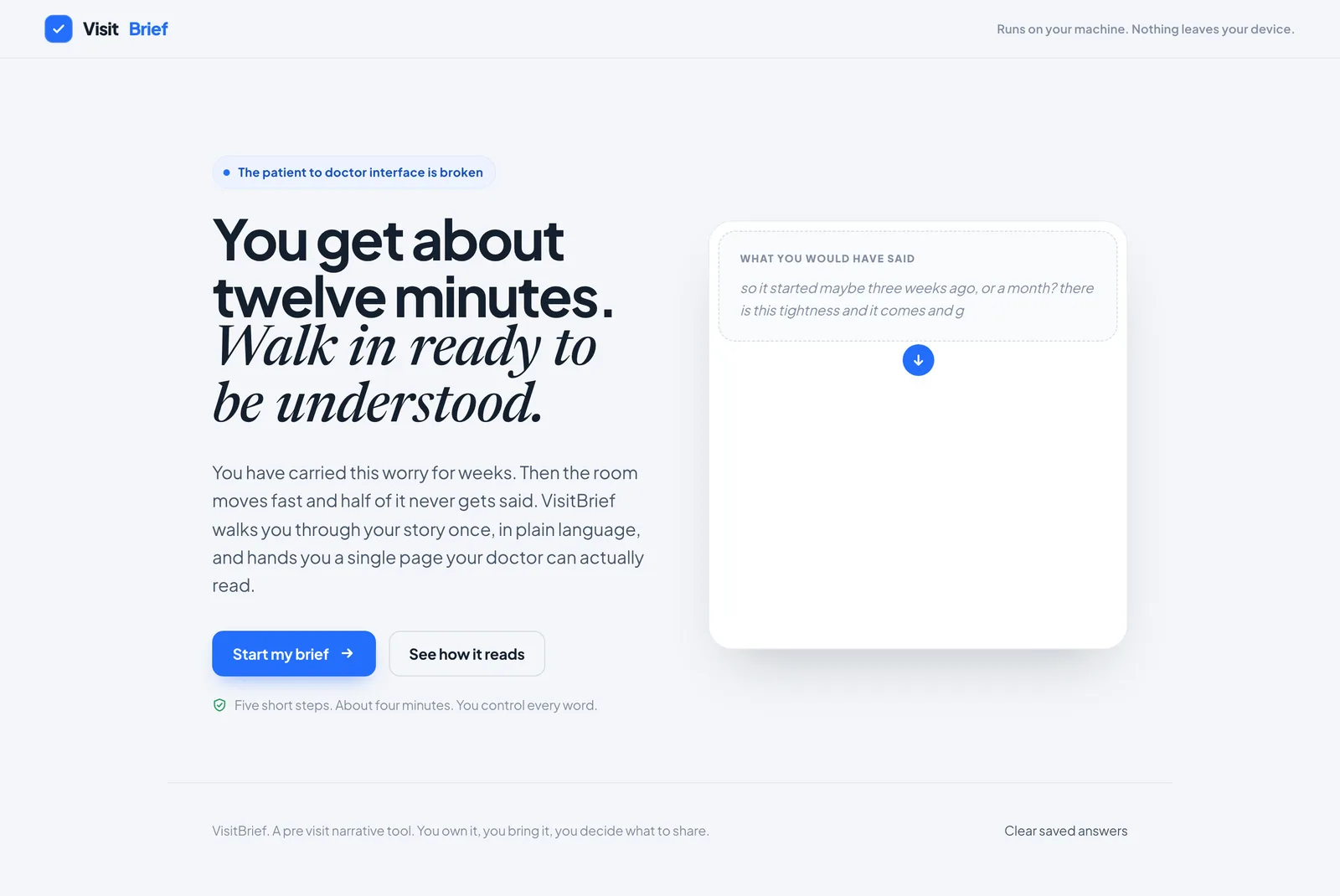 Full Visit Brief landing page with the before and after transformation card showing rambling words becoming a structured brief