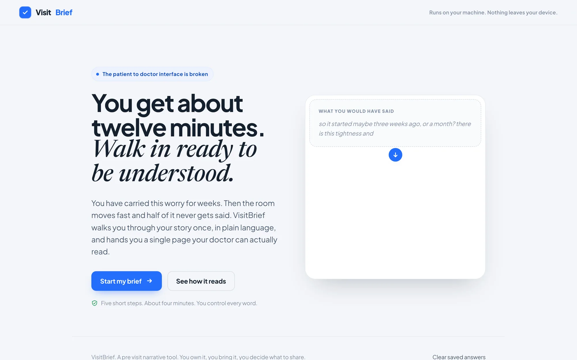 Visit Brief landing page reading You get about twelve minutes, walk in ready to be understood, beside a card showing rambling words becoming a brief